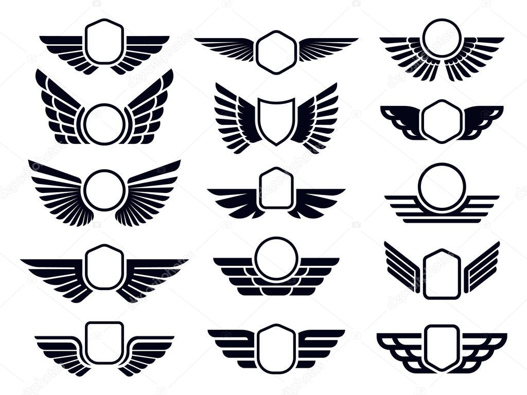 Winged frames. Flying bird shield emblem, eagle wings badge frame and retro aviation fast wing symbol vector set