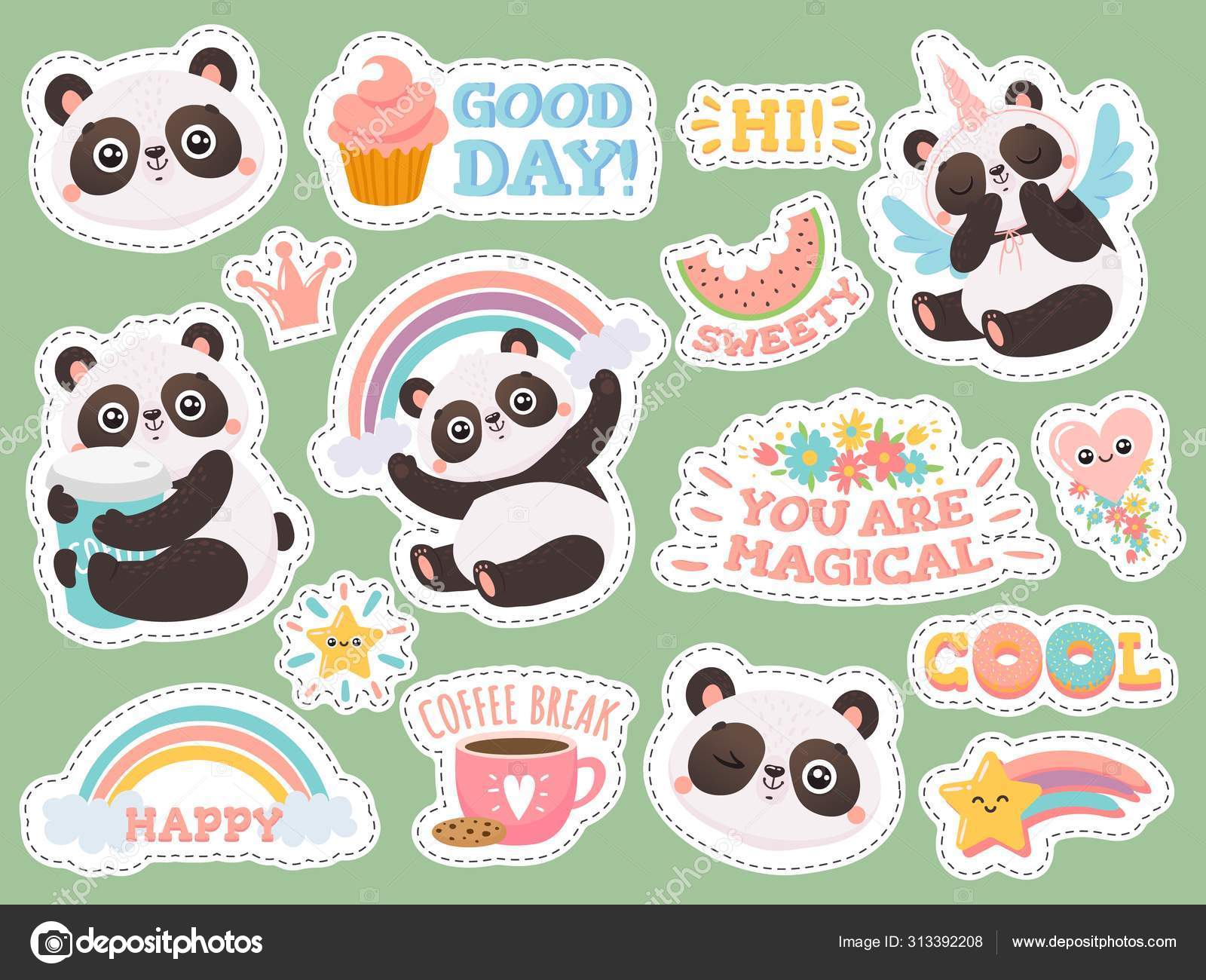 Hand drawn Stickers Cartoon Panda Stickers Gifts for Her Panda Stickers 5 Piece Sticker Pack