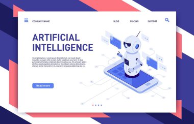 Gezici sohbet robotu. Akıllı telefon uygulamasında yapay zeka sohbet asistanı robot ve eğitimsel robot izometrik vektör çizimi