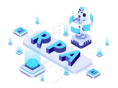 Isometric RPA. Robotic process automation, futuristic artificial intelligence robots and AI learning vector illustration clipart