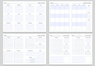 Planlayıcı sayfa şablonları. Yıllık, aylık ve haftalık planlamacılar. Günlük görevler, hedefler ve atamalar şablon vektörü belirlendi