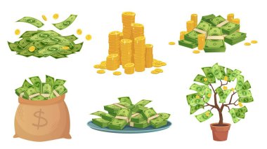 Çizgi film parası. Yeşil banknotlar, altın paralar ve ödeme. Para çantası, tepside yığınla fatura ve para ağacı illüstrasyon seti