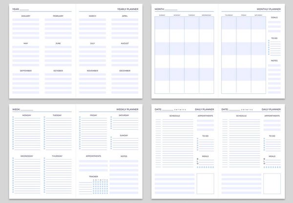 Шаблоны страниц примечаний планировщика. Ежегодно, ежемесячно и еженедельно планировщики. Набор векторных заданий, целей и назначений
