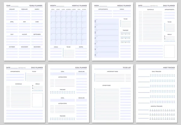 Minimalist planner pages templates. Organizer page, diary and daily control book. Life planners, weekly and days organizers vector set — Stock Vector