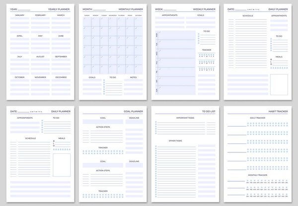 Minimalist planner pages templates. Organizer page, diary and daily control book. Life planners, weekly and days organizers vector set