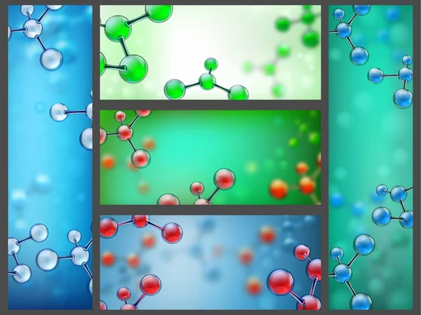 Abstract molecules banners. Science cell research, chemistry molecules and molecular structure banner vector illustration set — ストックベクタ