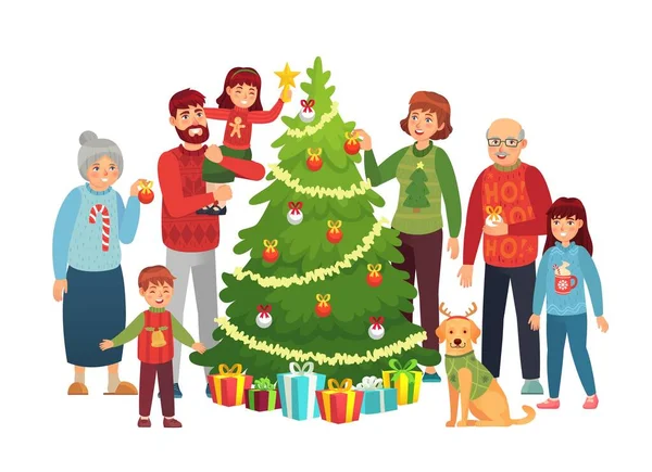 Портрет рождественской семьи. Рождественские елки украшения, счастливые люди и большая семья украшенные векторные рождественские елки иллюстрации — стоковый вектор
