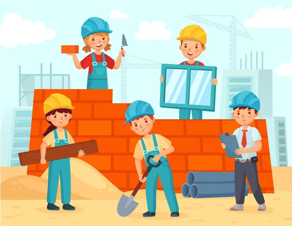 Kinder bauen. Kleine Arbeiter in Helmen bauen Gebäude aus Ziegelsteinen, lustige Kinder Teamarbeit und Kinder Ingenieur bauen Haus Vektor Illustration — Stockvektor