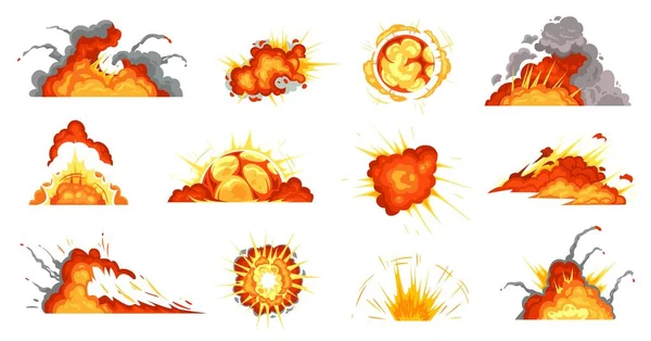 Cartoon explosies. Exploderende bom, brandwolk en explosie burst vector illustratie set — Stockvector