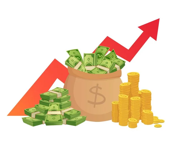 Crecimiento del valor de los ahorros de dibujos animados. Aumento de beneficios monetarios, gráfico de inversiones rentables con flecha de gráfico rojo e ilustración de vector de pila de efectivo — Archivo Imágenes Vectoriales