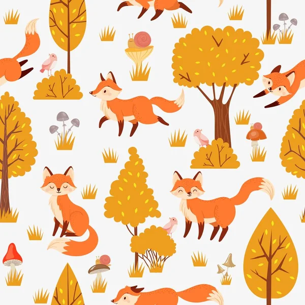 Kusursuz orman tilkileri deseni. Sarı ağaçların arasında sevimli kırmızı tilki, vahşi hayvan doğası arka plan çizimi — Stok Vektör