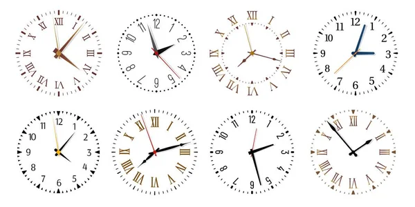Moderno relógio enfrenta. Relógio minimalista, relógios redondos e conjunto vetorial isolado face relógio — Vetor de Stock