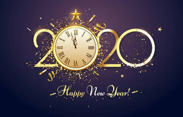 Bonne année 2020. Horloge de compte à rebours avec des étincelles dorées confettis, numéro d'année d'or et illustration vectorielle de visage de montre — Image vectorielle