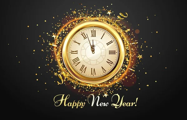 Countdown-Uhr für Neujahr. Urlaub antike Uhr mit goldenem Konfetti, frohes neues Jahr Grußkarte Vektor Illustration — Stockvektor