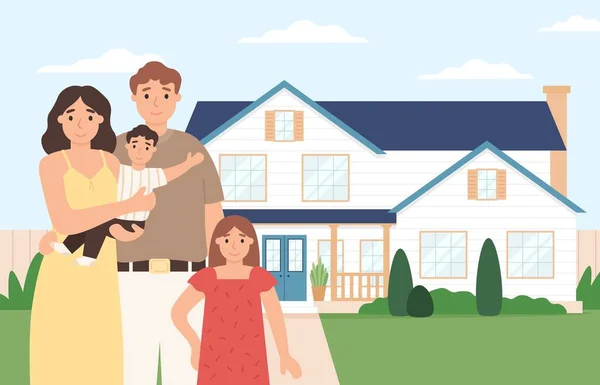 Gelukkig gezinshuis. Jong stel met kinderen voor hun huis, vastgoed vector illustratie — Stockvector