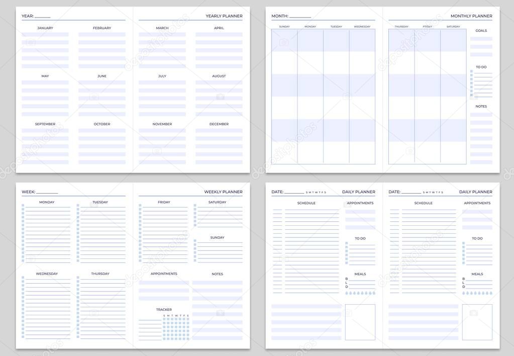 Planner note pages templates. Yearly, monthly and weekly planners. Daily tasks, goals and appointments template vector set