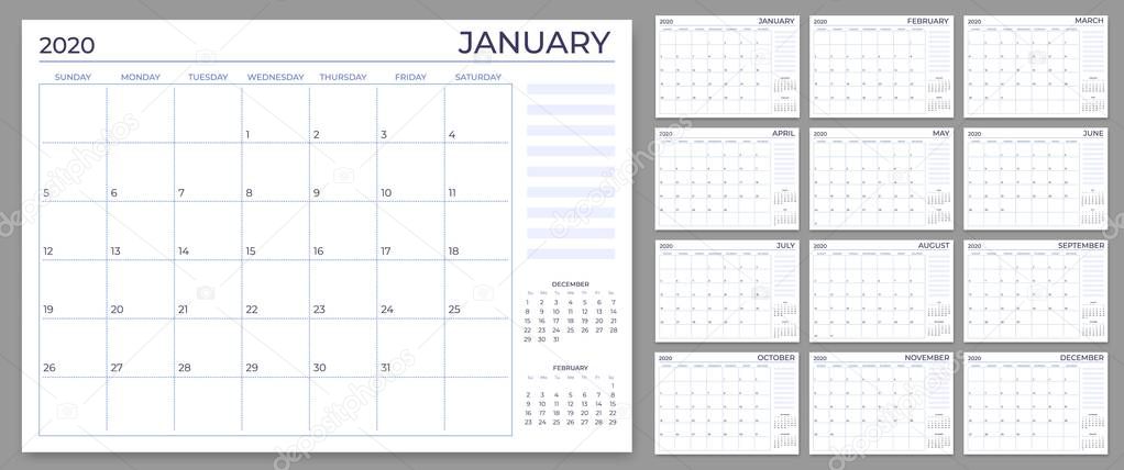 Monthly planner template. Year calendar notes grid, 2020 planners sheets and yearly scheduling calendars vector set