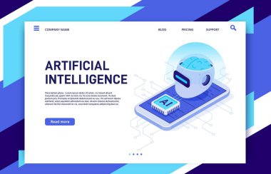 Isometric mobil yapay zeka. Ai akıllı telefon, dijital beyin teknolojisi ve nöral ağ çip çizimi