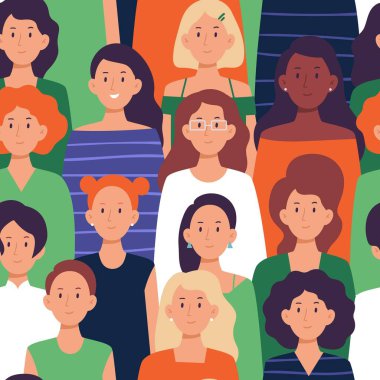 Kusursuz bir kadın kalabalığı. Bayanlar grup portreleri, kadınlar topluluğu ve farklı kadın vektör illüstrasyonları