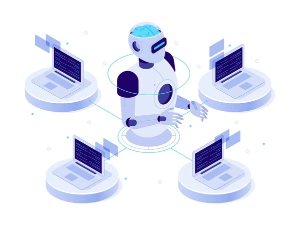 Artificial intelligence network. Virtual AI bot, chat with computer assistant and machine learning isometric vector concept illustration — Stock Vector