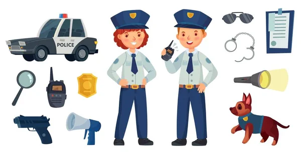 Мультяшні поліцейські діти. Маленький хлопчик і дівчинка в патрульних костюмах, поліцейський автомобіль і собака. Зброя, радіо та поліцейські значки Векторні ілюстрації набір — стоковий вектор