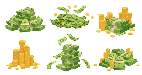 Dinheiro e moedas dos desenhos animados. Pilha de notas de dólar verde, moeda de ouro e rico conjunto de ilustrações vetoriais — Vetor de Stock