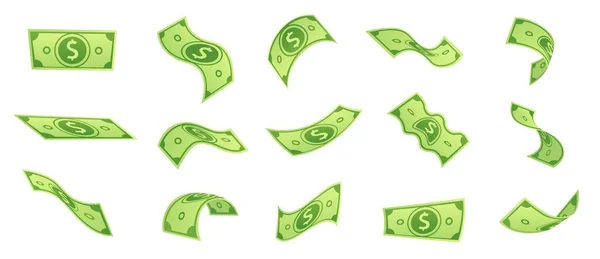 Cartoon falling money bills. Flying green dollar bill, 3d cash and usd currency vector set — Stock vektor