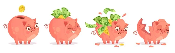 Cartoon piggy bank. Savings, bank deposit and save money investments. Empty and full of cash and golden coins pig bank vector illustration — ストックベクタ
