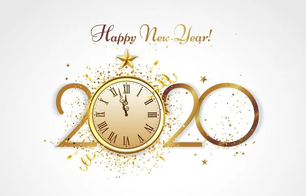 Feliz Año Nuevo tarjeta de felicitación. Cuenta atrás de Golden 2020, reloj de fiesta de Navidad y confeti de oro de lujo ilustración vector de felicitación — Archivo Imágenes Vectoriales
