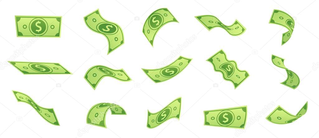 Cartoon falling money bills. Flying green dollar bill, 3d cash and usd currency vector set
