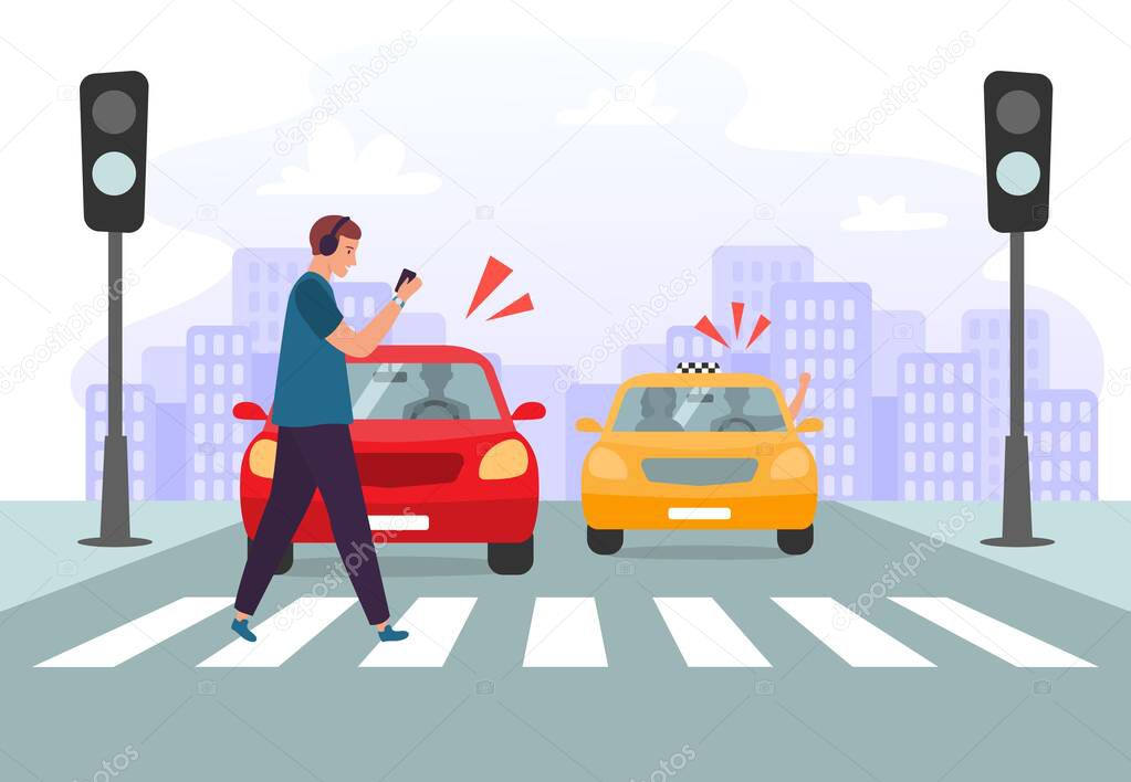 Crosswalk accident. Pedestrian with smartphone and headphones crossing road on red traffic lights, road safety vector illustration