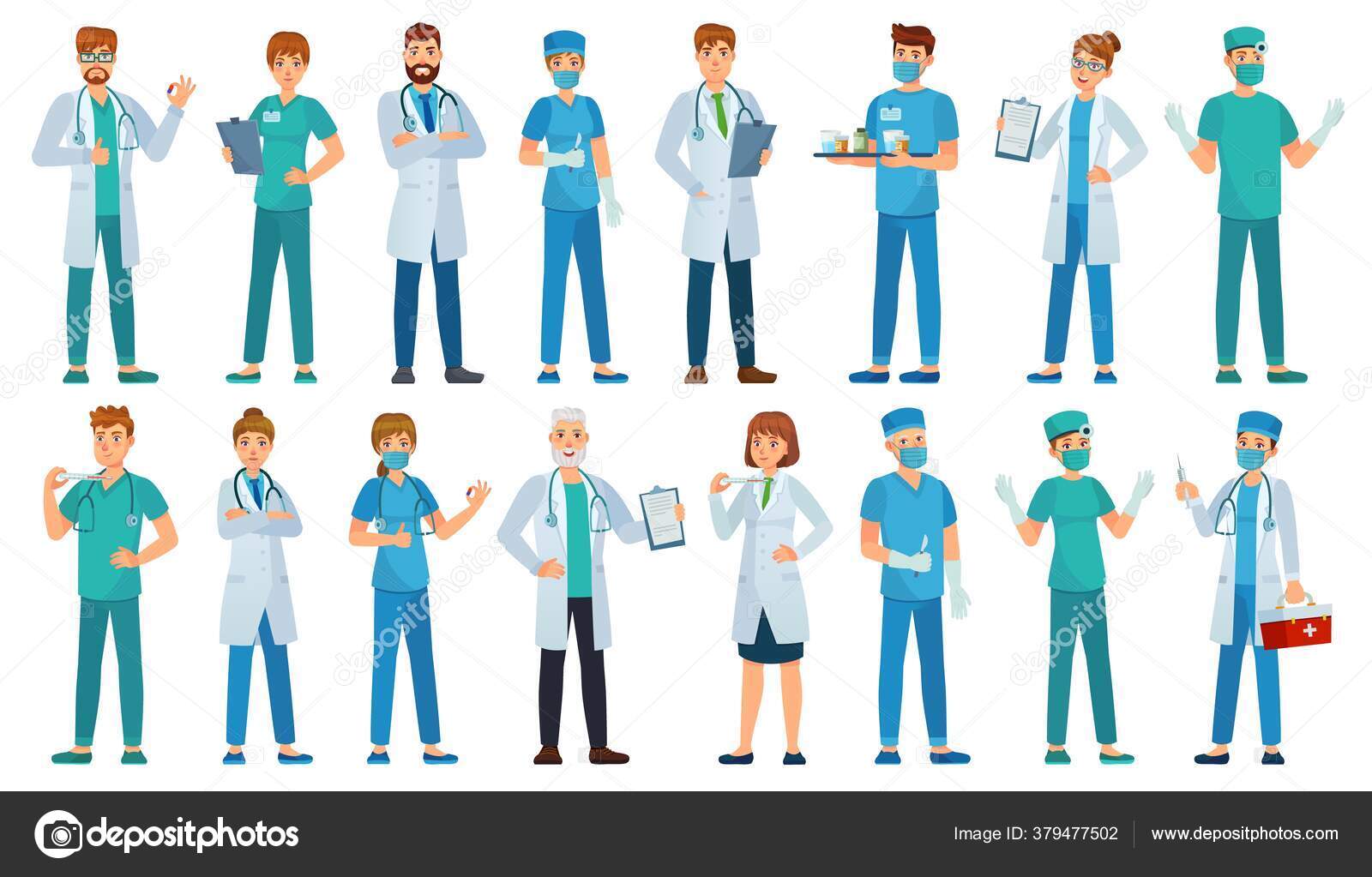 Médicos dos desenhos animados. Trabalhadores médicos em uniformes