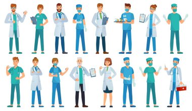 Hastane personeli. Klinik çalışanları, eczacı, üniformalı hemşire ve ambulans doktorları çizgi film çizimi çizimleri