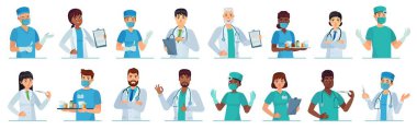 Karikatür tıp çalışanları. Doktor portresi, tıp öğrencisi ve önlüklü stajyer ya da beyaz önlüklü. Erkek ve kadın doktorlar karakter vektör illüstrasyonu seti