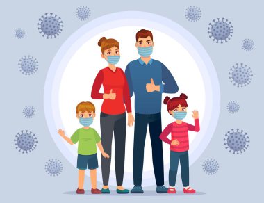 Aile Coronavirus koruma maskesi takıyor. Çocuklar için yüz maskesi, çocuğu gripten ve NCov virüsünden koru. Covid-19 vektör illüstrasyonunu önlemek için karantinadaki sağlıklı aile
