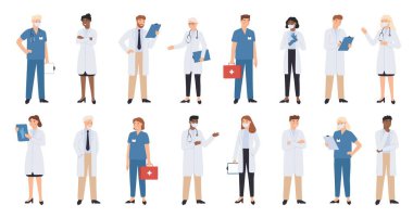 Hastane doktorları ve hemşireler. Steteskoplu doktor, ameliyat önlüğü ve maske takan hemşire. Tıp öğrencisi gönüllü ve stajyer karakter. Tıbbi personel vektör çizimi