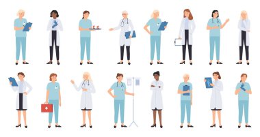 Hemşire ve kadın doktorlar. Kadın doktorlar takımı. Tıbbi personel doktoru ve hemşire, sağlıkçılar, profesyonel sağlık görevlisi doktor karakterleri.