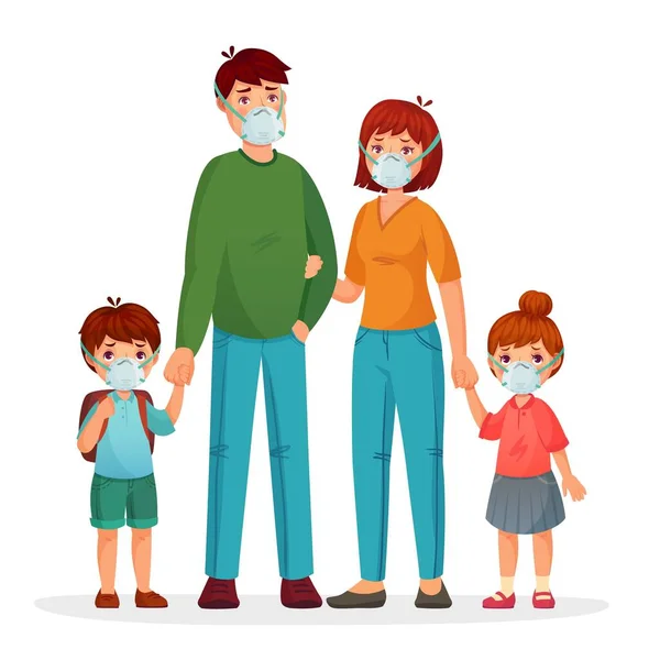 Rodzina w maskach ochronnych przed zanieczyszczeniem i koronawirusem — Wektor stockowy
