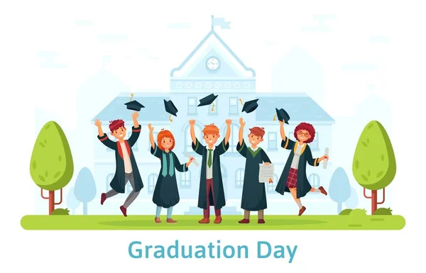 Graduation day, happy students celebrating and jumping — Stock Vector