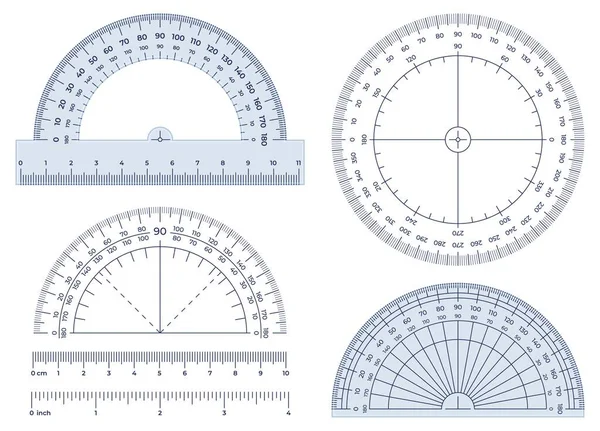 Transportador. Herramienta de medición de ángulos, escala redonda de 360 transportadores y conjunto de ilustración de vectores de medición de 180 grados — Archivo Imágenes Vectoriales