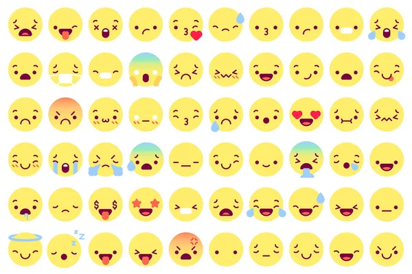 Emoji wajah datar. Emotikon datar tersenyum avatar dengan emosi wajah yang berbeda. Happy, sad and winking, marah ikon vektor pesan lucu ditata - Stok Vektor