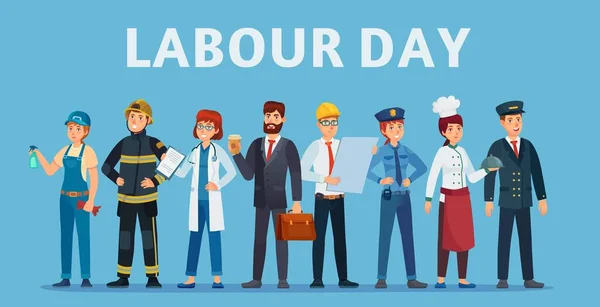 Día del Trabajo. Grupo de trabajadores profesionales, profesionales felices de diferentes puestos de trabajo de pie juntos y el Día del Trabajo cartel o tarjeta de felicitación vector ilustración — Vector de stock