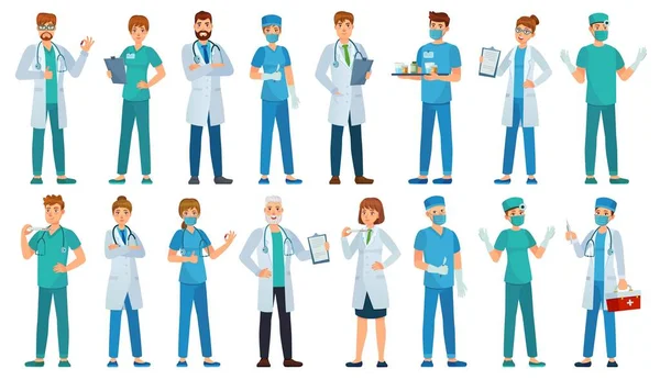 Kórházi személyzet. Klinikai dolgozók, gyógyszerész, nővér egyenruha és mentő orvosok karakterek rajzfilm vektor illusztráció készlet — Stock Vector