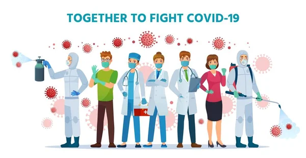 Juntos para luchar contra Covid-19. Colaboración sanitaria, lucha contra el coronavirus. Médicos, enfermeras y personas que usan máscara facial de seguridad y usan la ilustración del vector de aerosol desinfectante — Archivo Imágenes Vectoriales