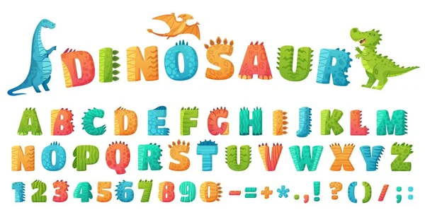 Cartoon dino fuente. Letras y números del alfabeto del dinosaurio, signos divertidos de la letra de los dinos para el juego de ilustración del vector de los niños del cuarto de niños o del jardín de infantes — Vector de stock