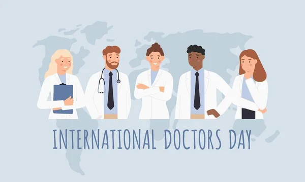 Hari dokter internasional. Profesional klinis, pria dan wanita dokter dalam gaun medis putih dengan peta dunia. Konsep vektor perawatan kesehatan - Stok Vektor