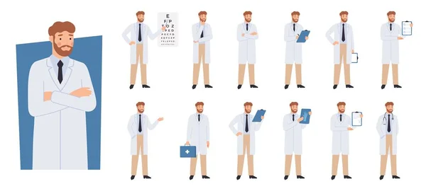 Personagem de médico em poses diferentes. Lista de verificação de médicos, teste ocular e conjunto de vetores para profissionais de saúde, radiologistas e terapeutas — Vetor de Stock