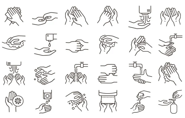 Handwas en desinfectie iconen. Handen ontsmettingsmiddel, wrijven met zeep en bacteriën bescherming. Schone handen lijn pictogram voor badkamer vector illustratie set — Stockvector