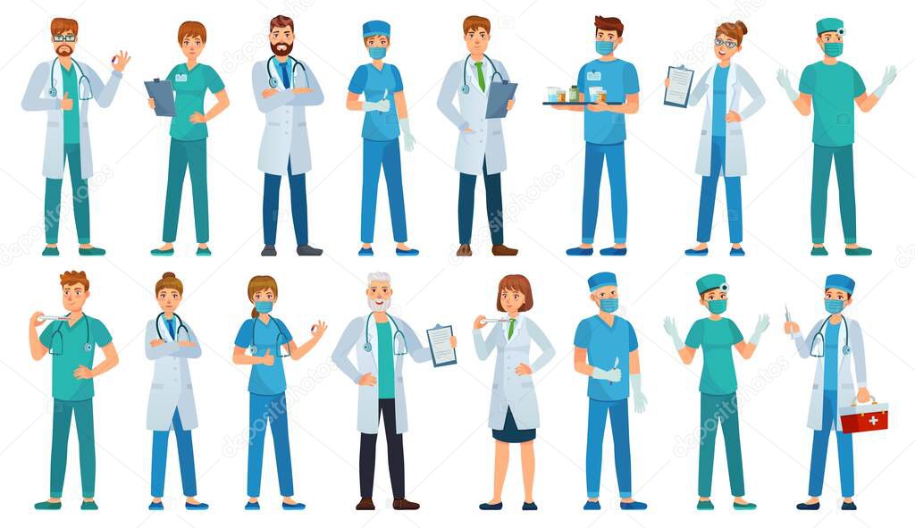 Hospital staff. Clinic workers, pharmacist, nurse in uniform and ambulance doctors characters cartoon vector illustration set