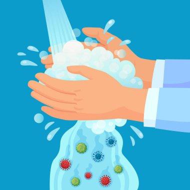 El yıkama. Kişisel hijyen propagandası, musluğun altında ellerini sabunla yıkamak ve mikropların düşmesi. Covid virüs önleme vektörü kavramı